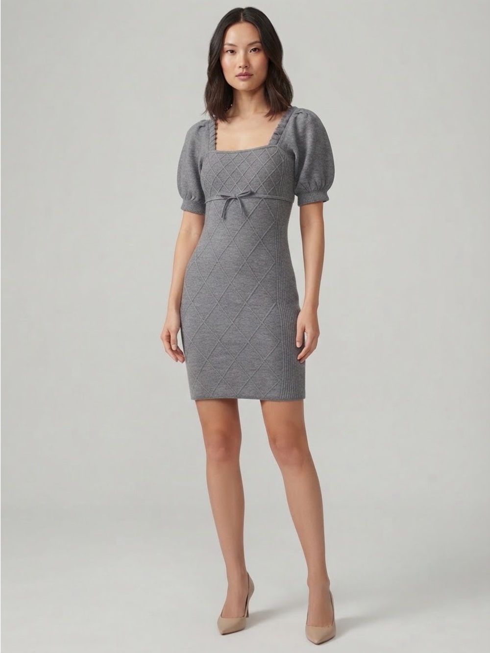 NWT Anthropologie Maeve Crosshatch Puff Sleeve Sweater Dress Grey XS